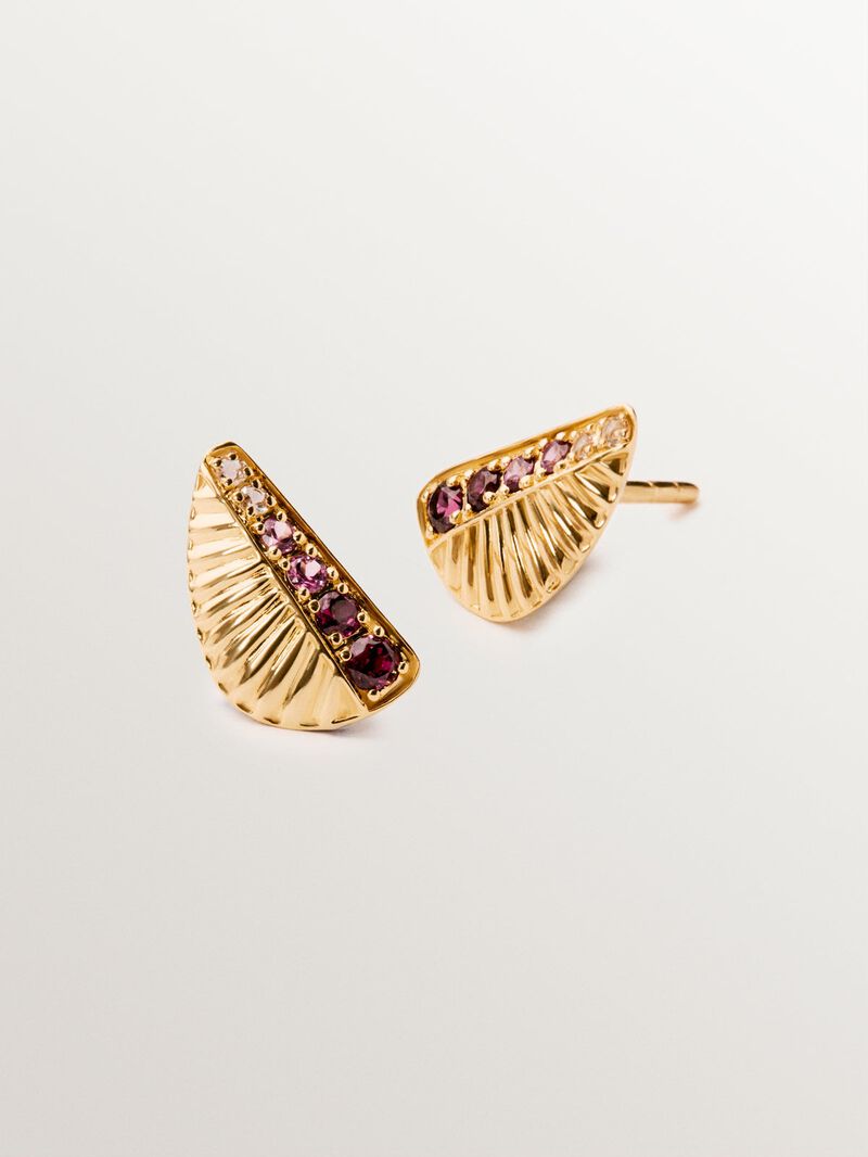 18K yellow gold plated 925 silver earrings with purple rhodolites and guilloché texture image number 2