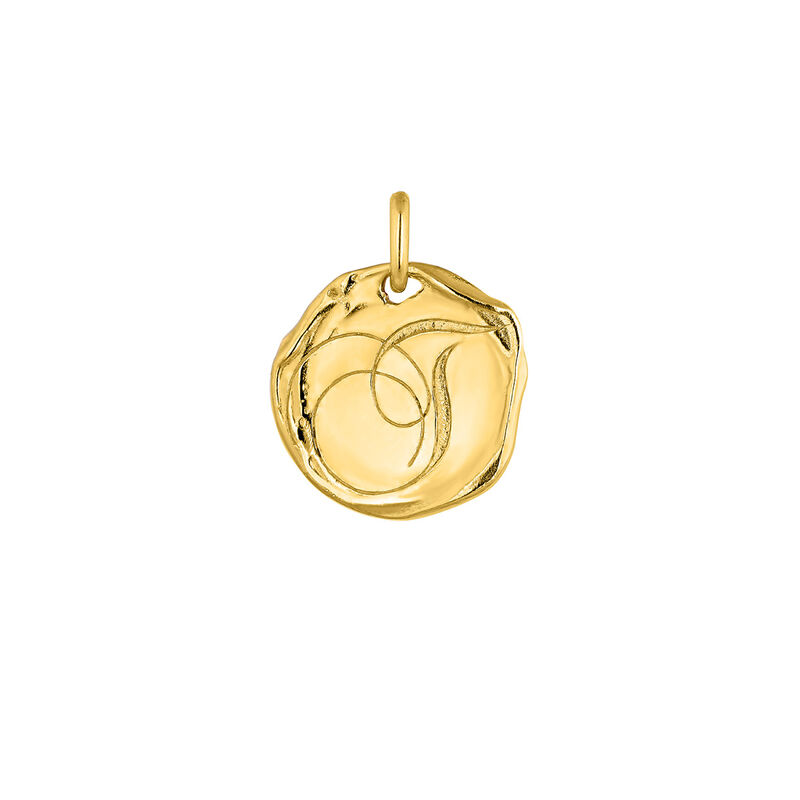 Charm medalla inicial T artesanal plata recubierta oro, J04641-02-T, hi-res
