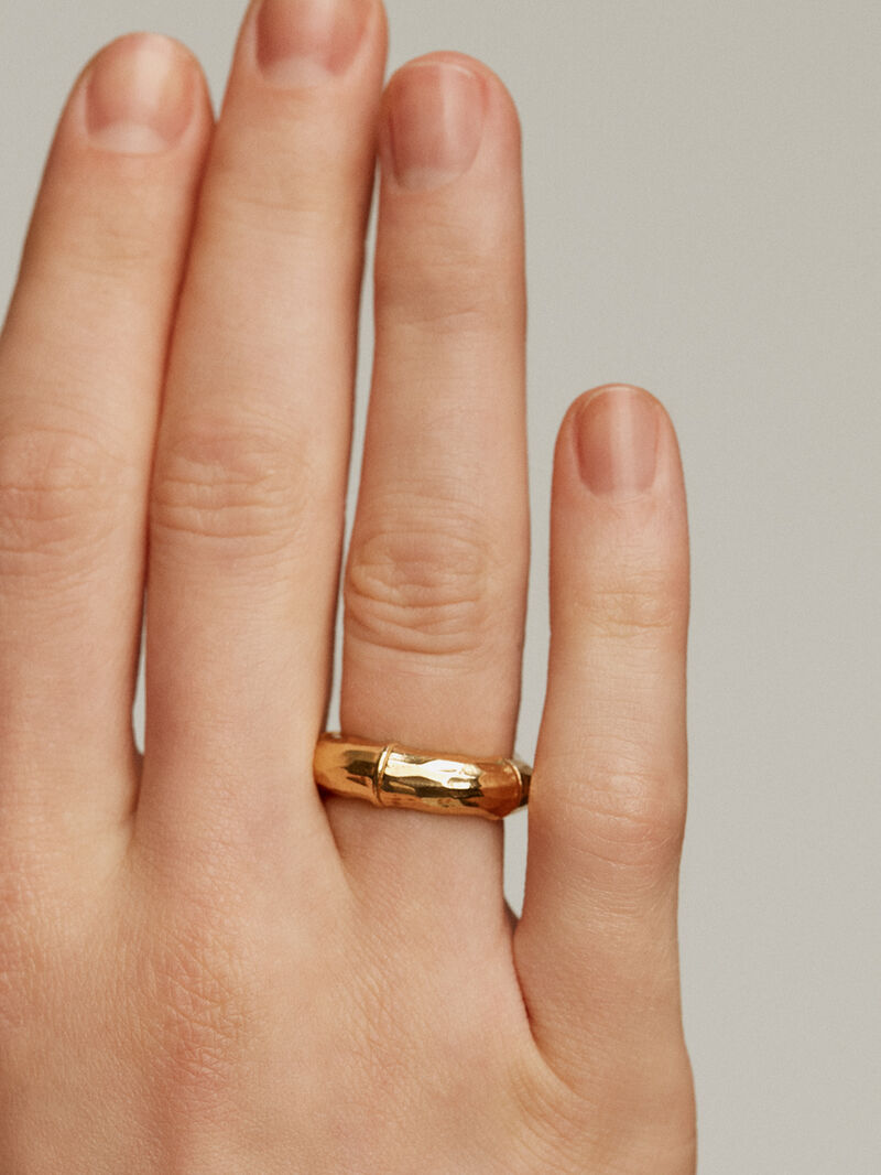 925 Silver ring bathed in 18K yellow gold with a bamboo texture. image number 1