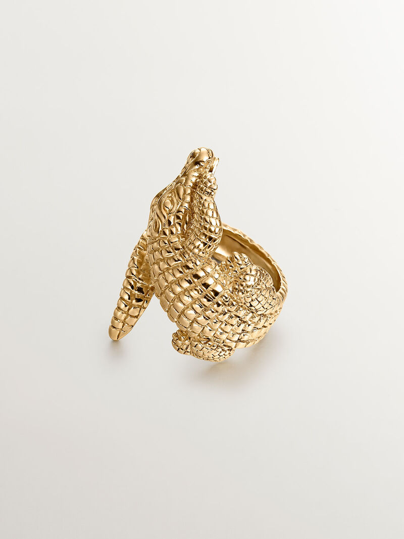 925 Silver wide ring, dipped in 18K yellow gold, in the shape of a crocodile. image number 2