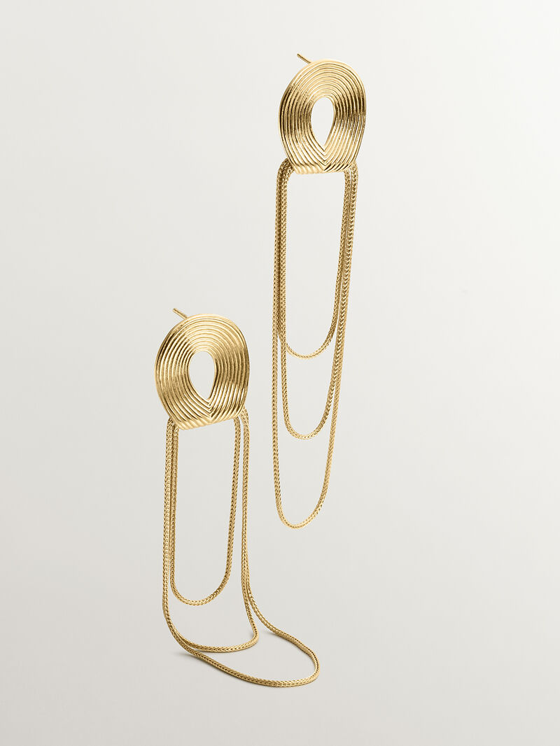 Large 925 silver earrings bathed in 18K yellow gold with relief and chains image number 0