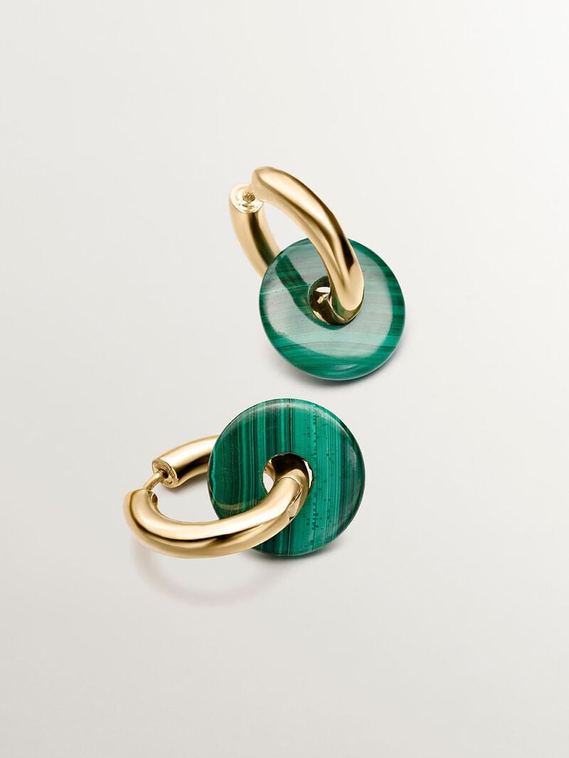 Medium hoop earrings made of 925 silver, gold plated in 18K yellow gold with green malachite. image number 2