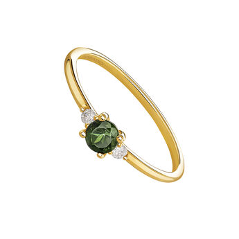 Trilogy ring in 9k yellow gold with an emerald in the centre and diamonds , J04067-02-EM,hi-res