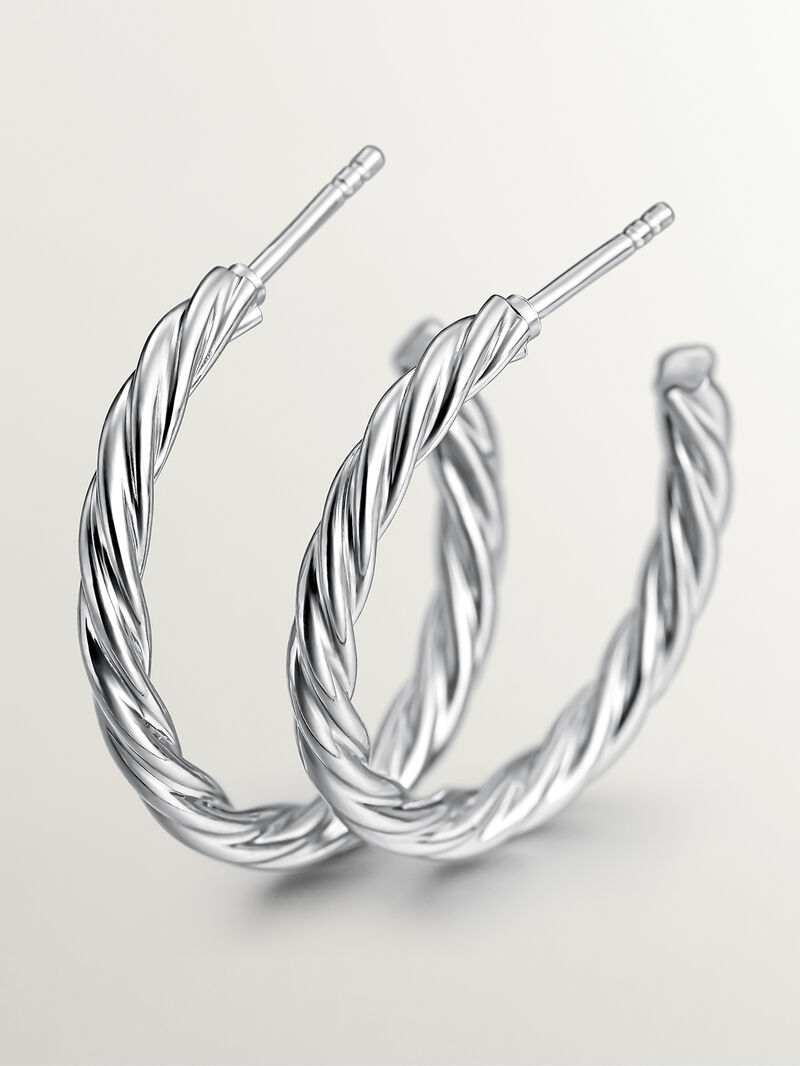 Large 925 sterling silver hoop earrings with fluted texture. image number 4