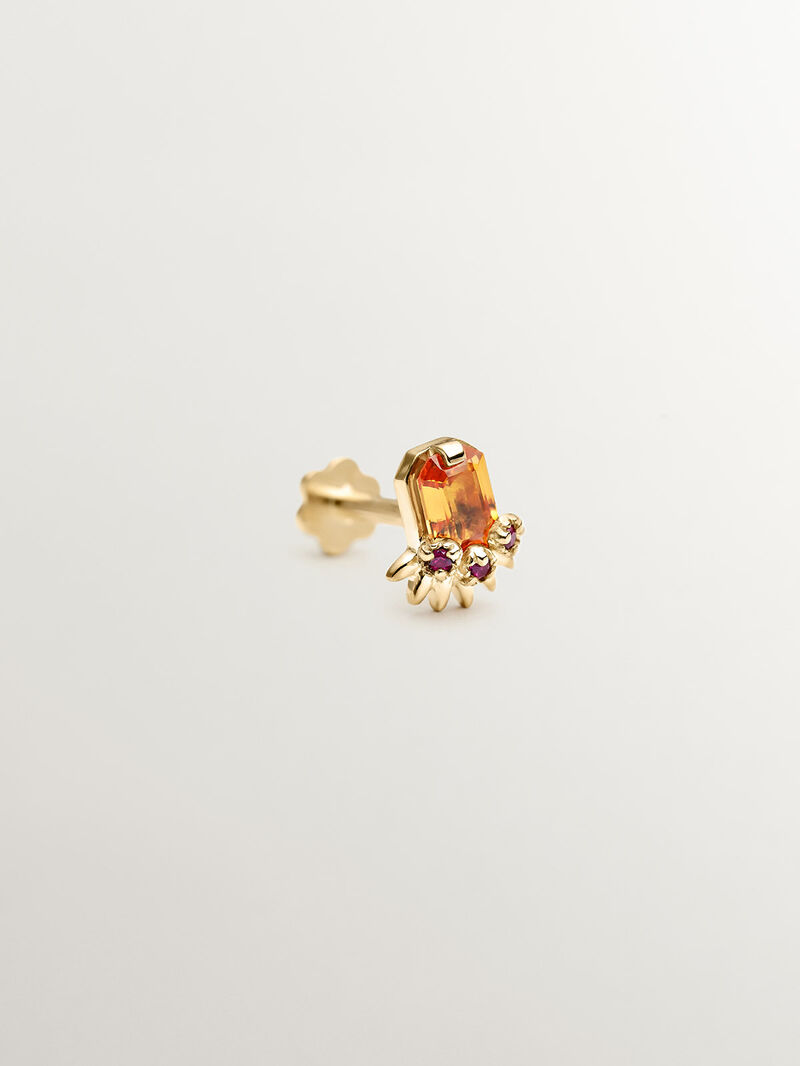18K yellow gold piercing with central orange sapphire and pink rubies. image number 2