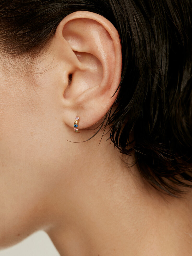 Small hoop earrings made of 925 silver coated in 18K yellow gold with multicolor sapphires. image number 1