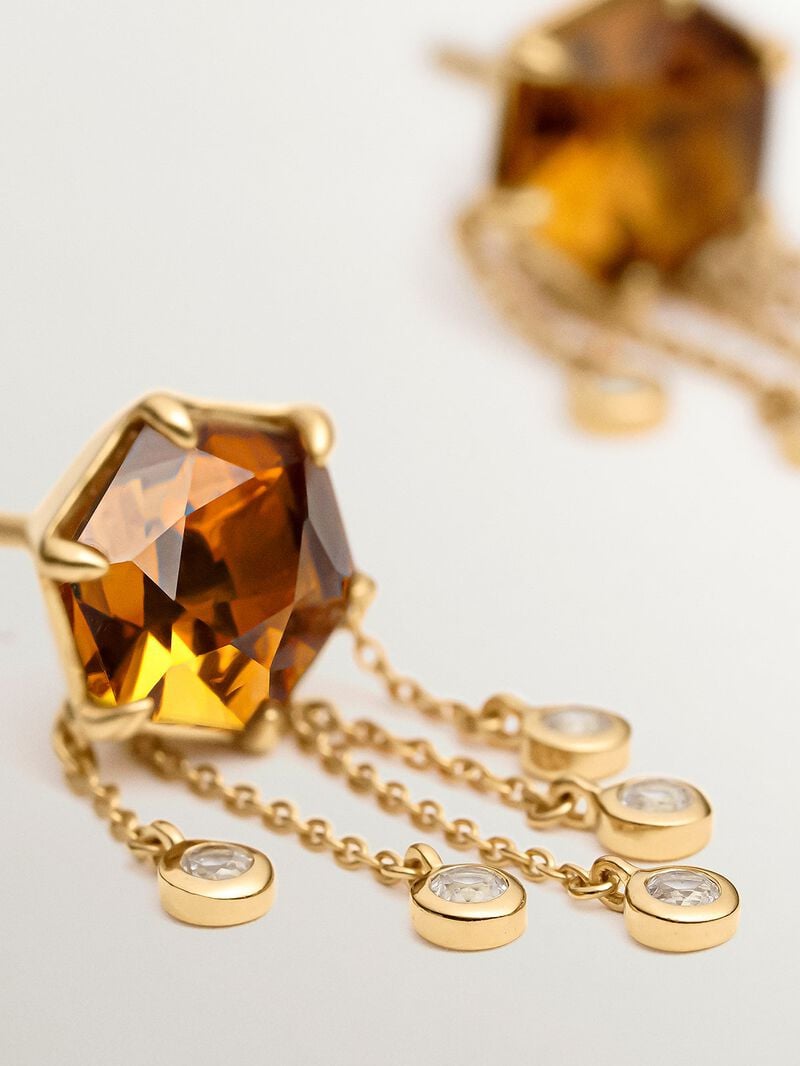 Long earrings made of 925 silver, plated with 18K yellow gold and adorned with brown quartz and white topaz. image number 4