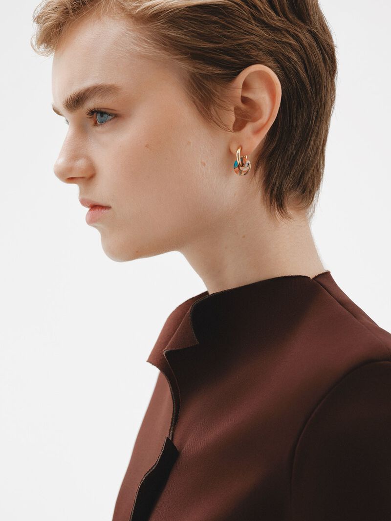 Medium hoop earrings made of 925 silver plated in 18K yellow gold with multicolored turquoise image number 3