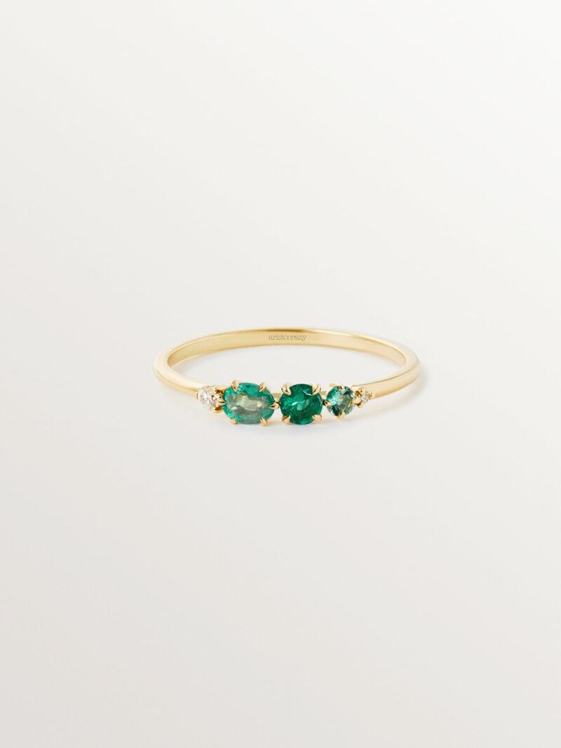 9K yellow gold ring with emeralds and diamonds image number 2