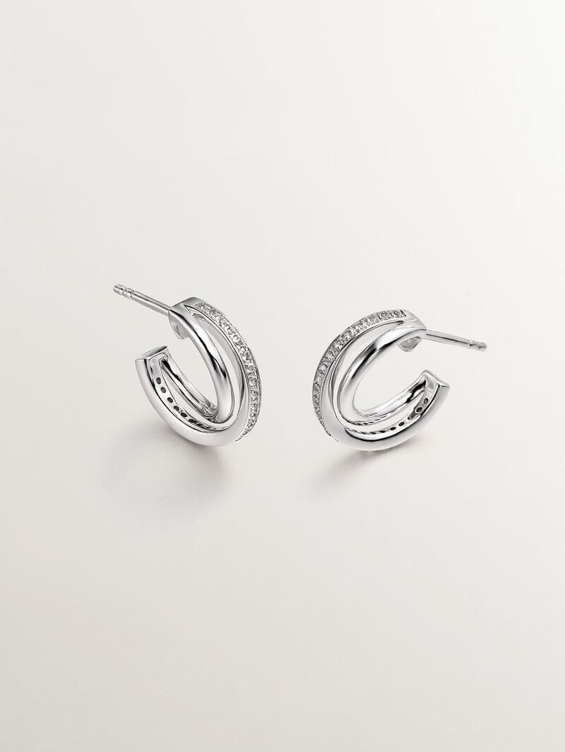 925 Silver double hoop earrings with white topaz. image number 0