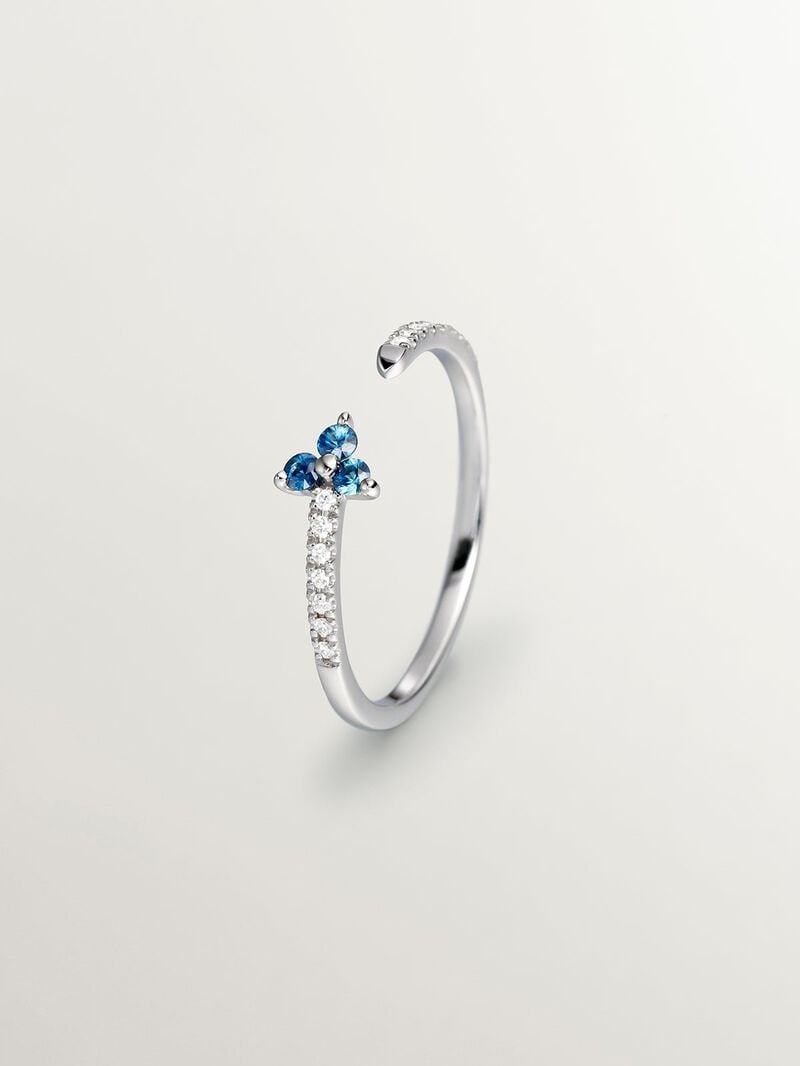 9K White Gold Ring with Diamonds and Blue Sapphire Clover image number 0