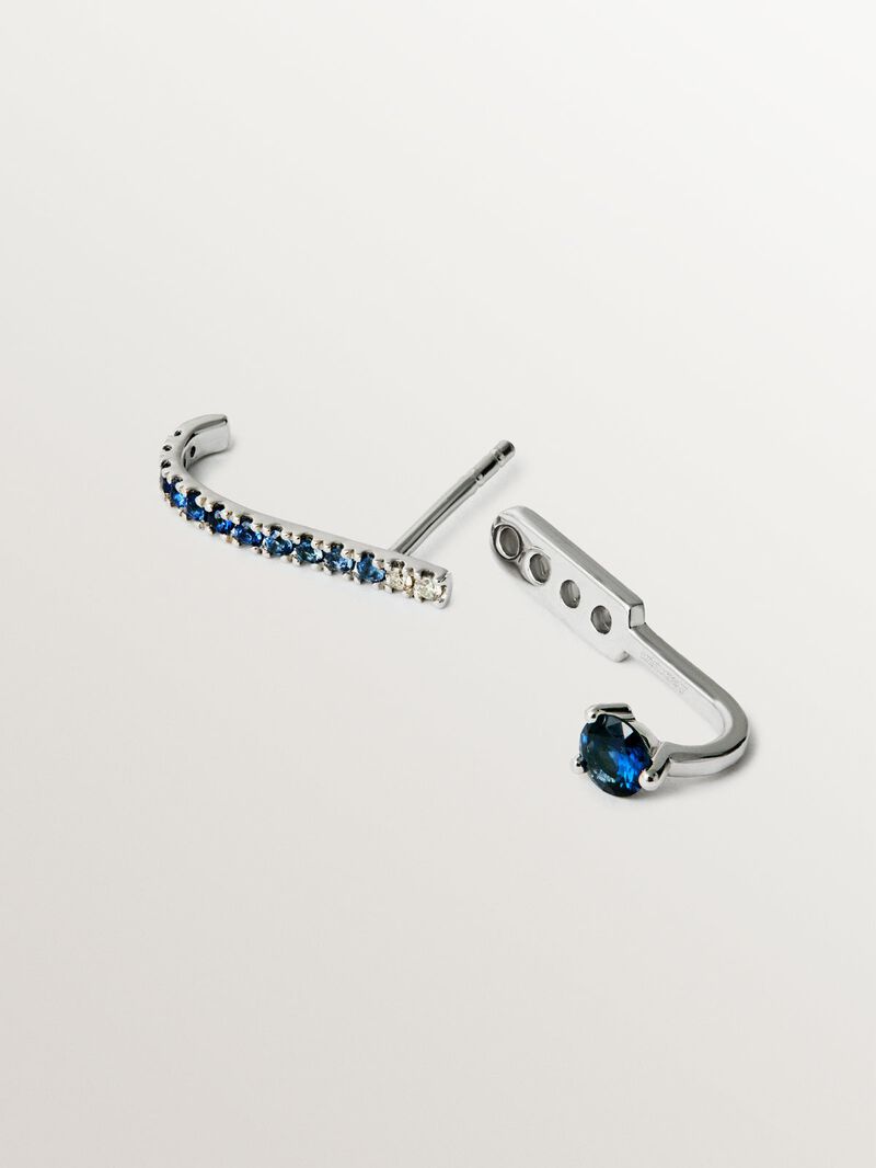 9K white gold single earring with blue sapphires and diamonds image number 2
