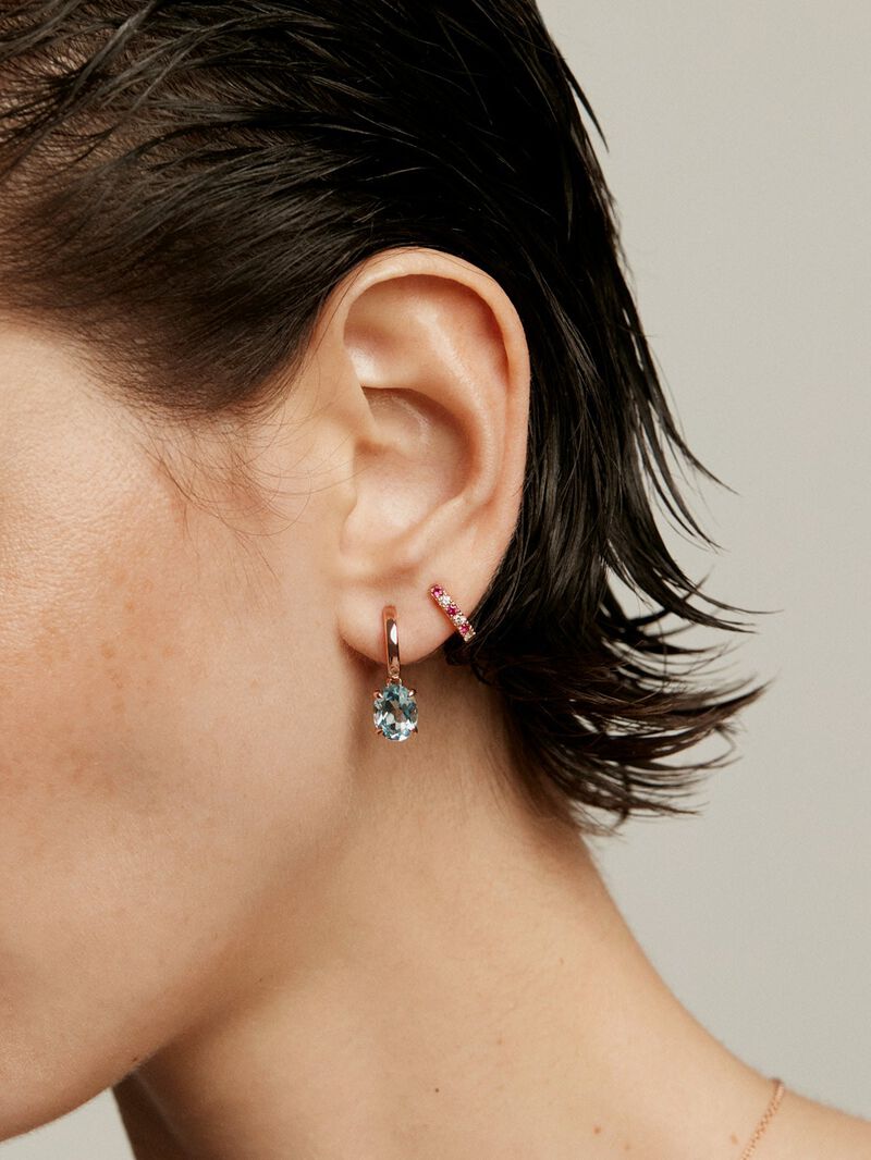 Single 9K rose gold hoop earring with rubies and diamonds. image number 4
