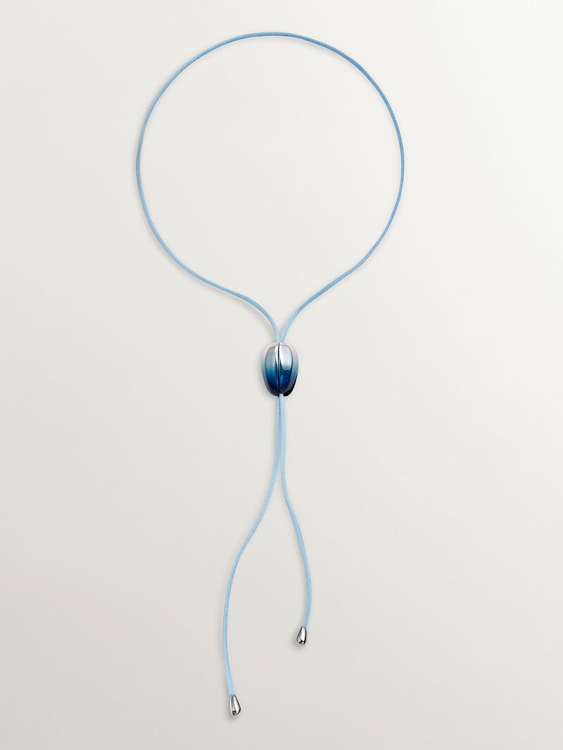 Cord and 925 silver necklace in the shape of an orchid, gradient blue enamel and polished effect image number 1