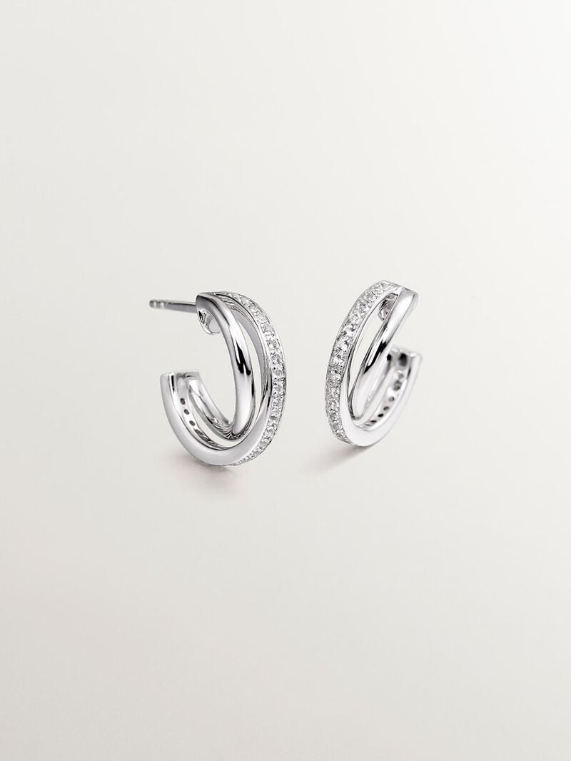 925 Silver double hoop earrings with white topaz. image number 4