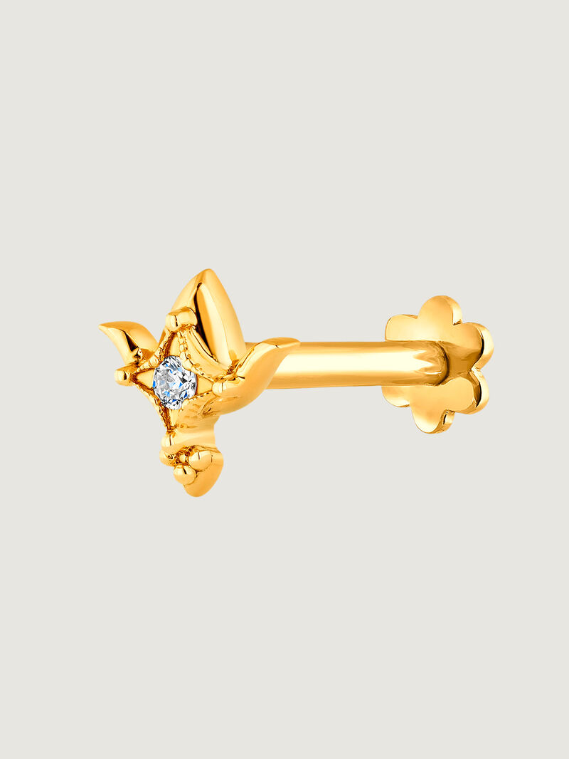Individual 18K yellow gold earring with diamond and lotus flower shape. image number 1