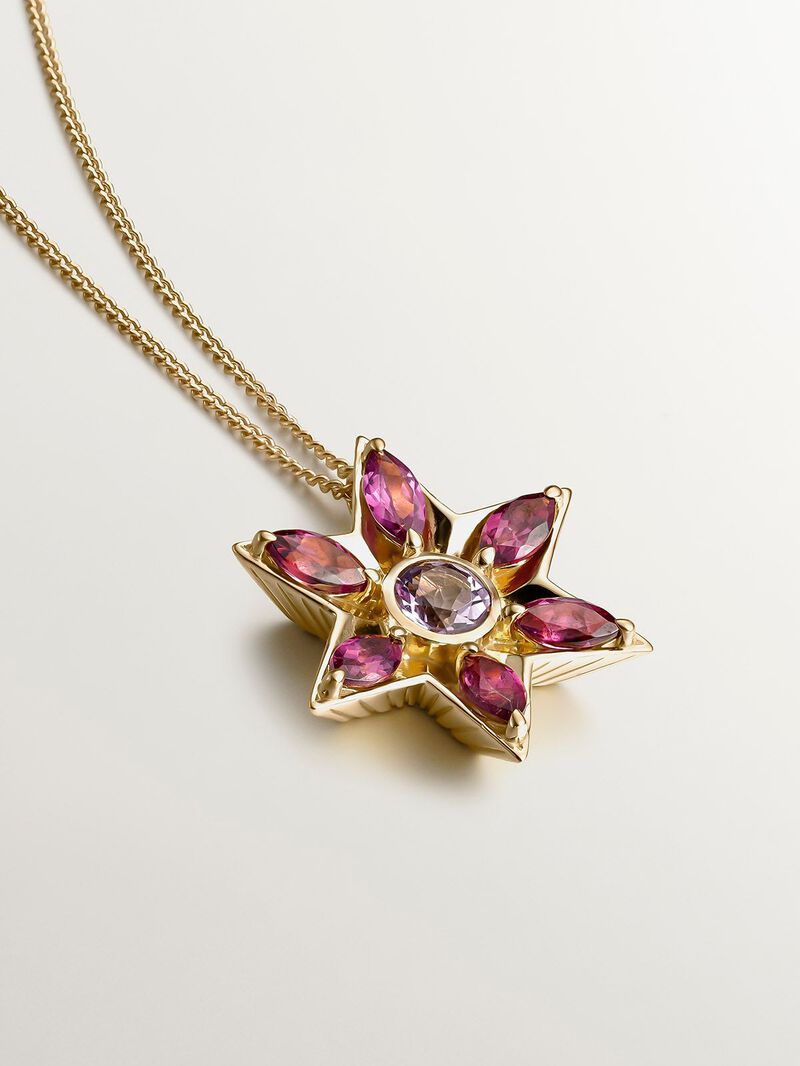 925 Silver pendant bathed in 18K yellow gold with amethysts and rhodolites in the shape of a flower. image number 2