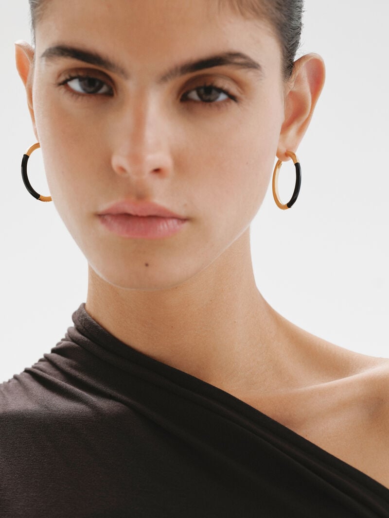 Large hoop earrings made of 925 silver, coated in 18K yellow gold with black enamel image number 1