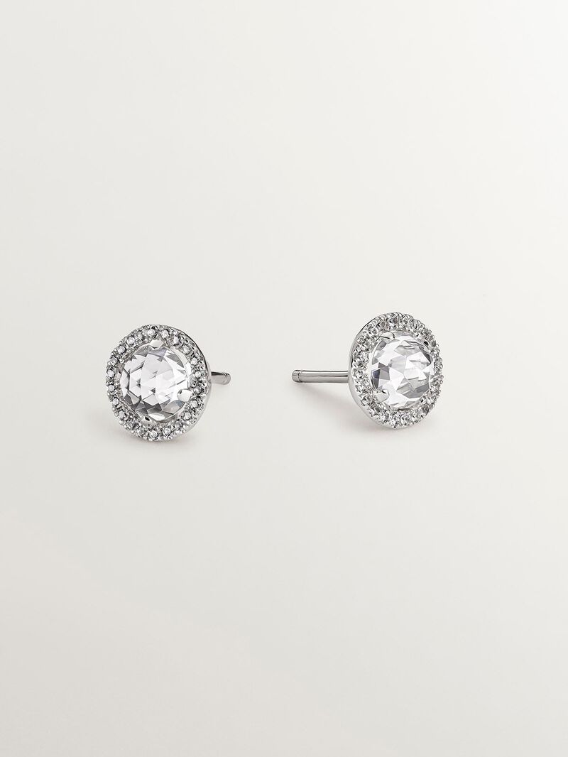 925 silver button earrings with white topaz and a halo of white sapphires. image number 0