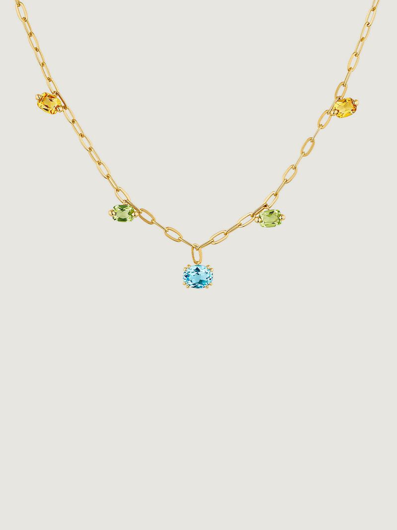 925 Silver necklace bathed in 18K yellow gold with Swiss blue topazes, green peridots and citrines. image number 0