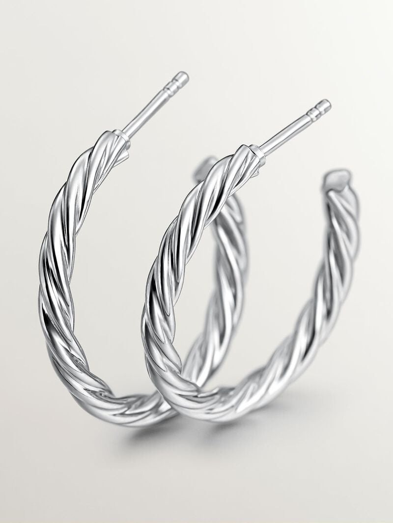 Large 925 sterling silver hoop earrings with fluted texture. image number 4