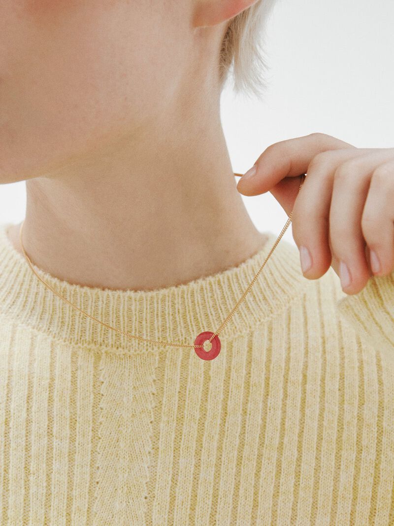 925 silver collar bathed in 18k yellow gold with red jade image number 1