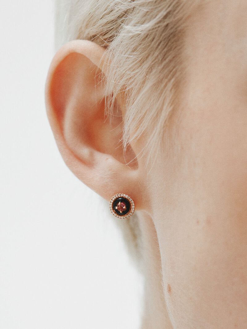 18K rose gold plated 925 silver earrings with diamonds, pink rhodolites and black enamel image number 1