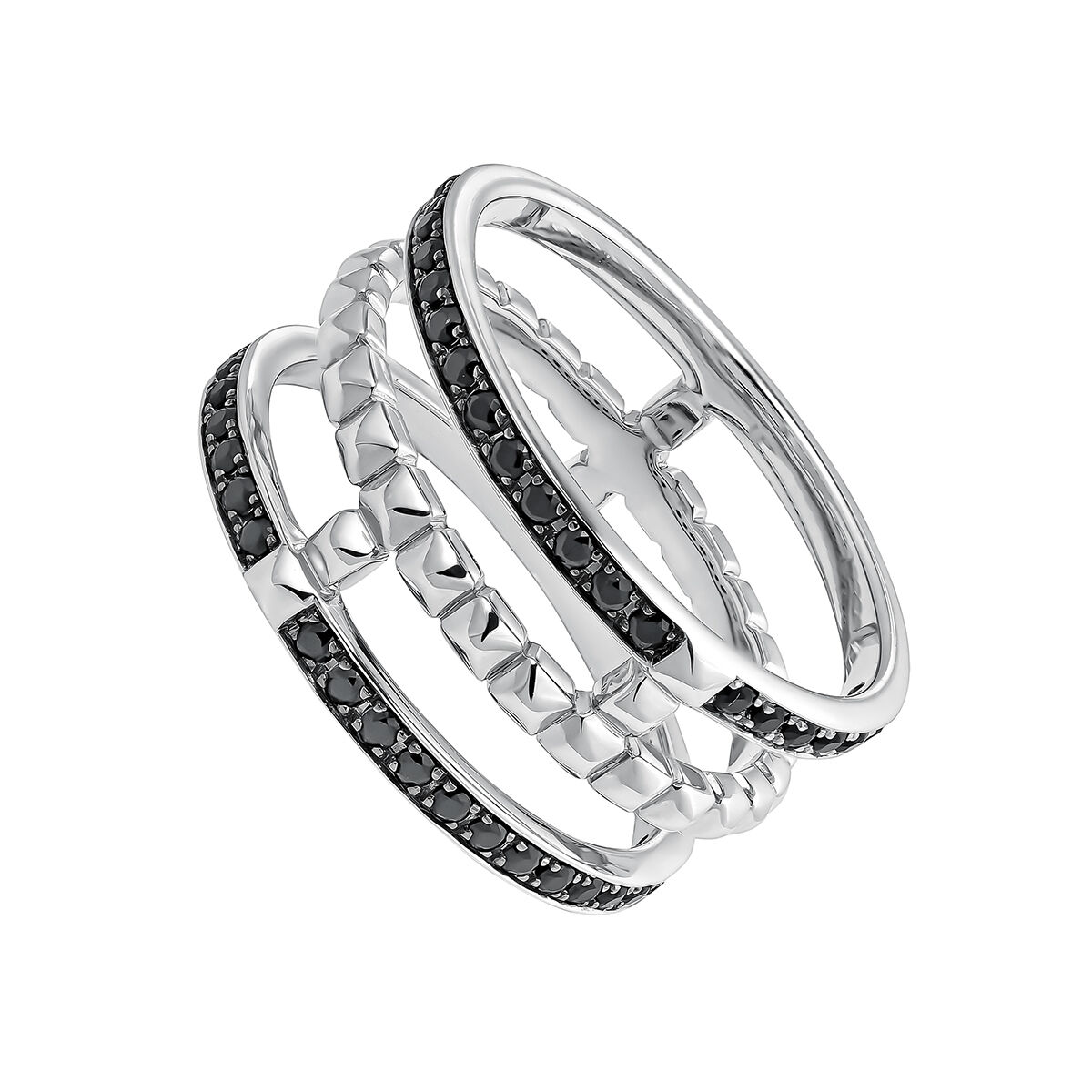 Silver triple ring with raised detail and black spinel gemstones , J04905-01-BSN, hi-res