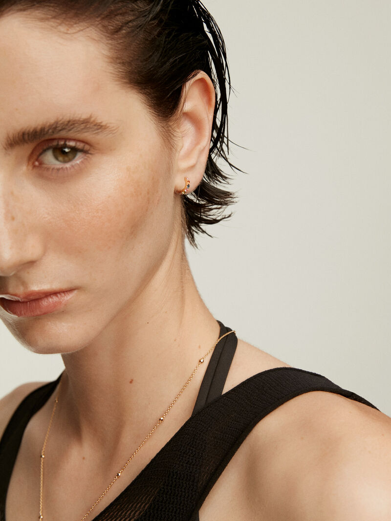 Small hoop earrings made of 925 silver coated in 18K yellow gold with multicolor sapphires. image number 5