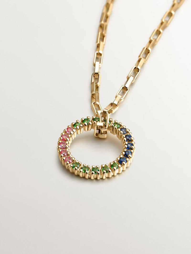 925 Silver pendant bathed in 18K yellow gold with tsavorites and multicolor sapphires. image number 2