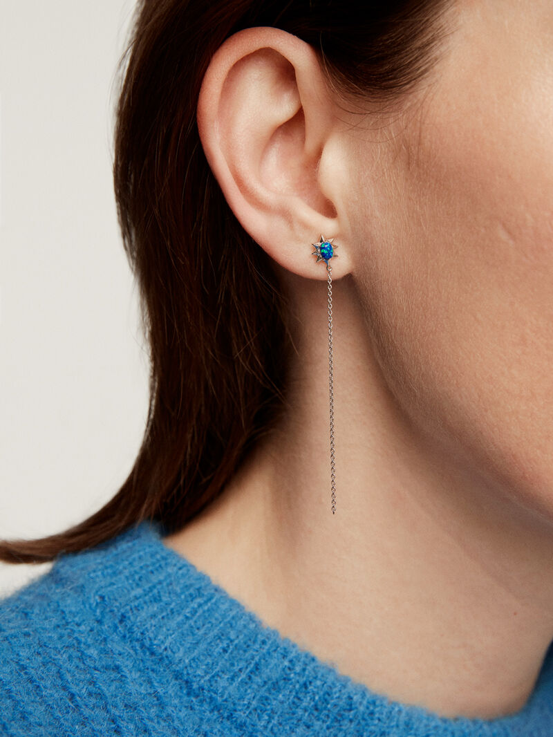 Individual 18K white gold chain earring with blue opal. image number 1