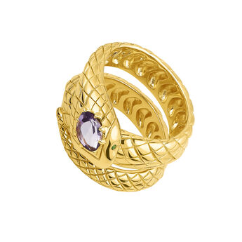 Snake ring in 18k yellow gold-plated silver with a purple amethyst and green tsavorites, J04950-02-LAM-TSA,hi-res