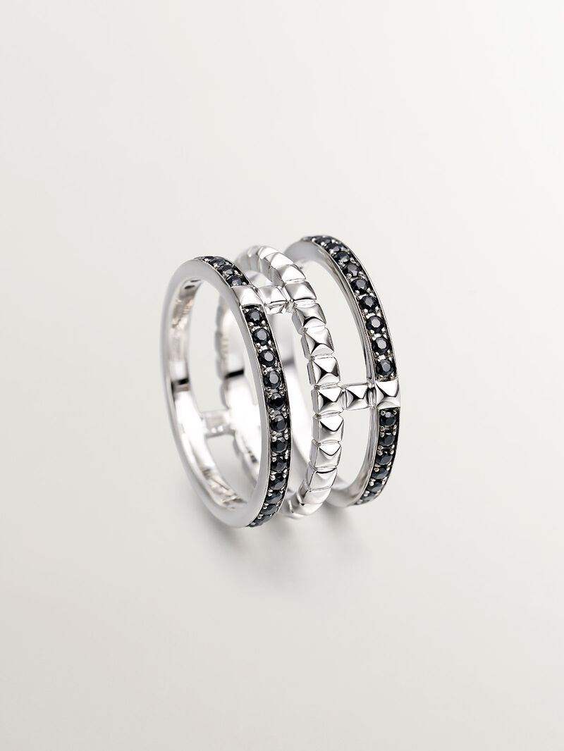 925 Silver triple ring with texture and black spinels image number 4