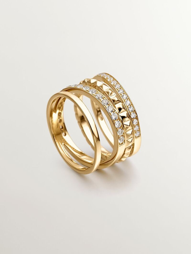 925 Silver multi-arm ring bathed in 18K yellow gold with relief and white topazes. image number 4