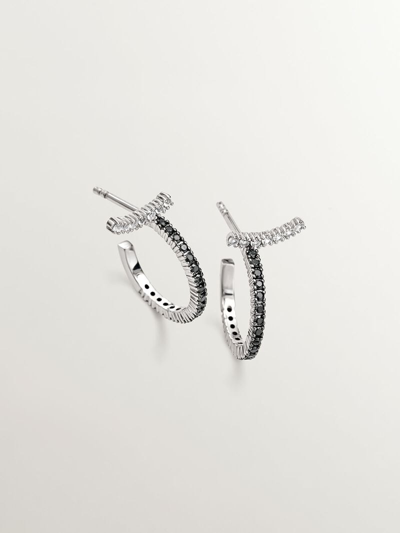 925 Silver hoop earrings with white topazes and black spinels. image number 2