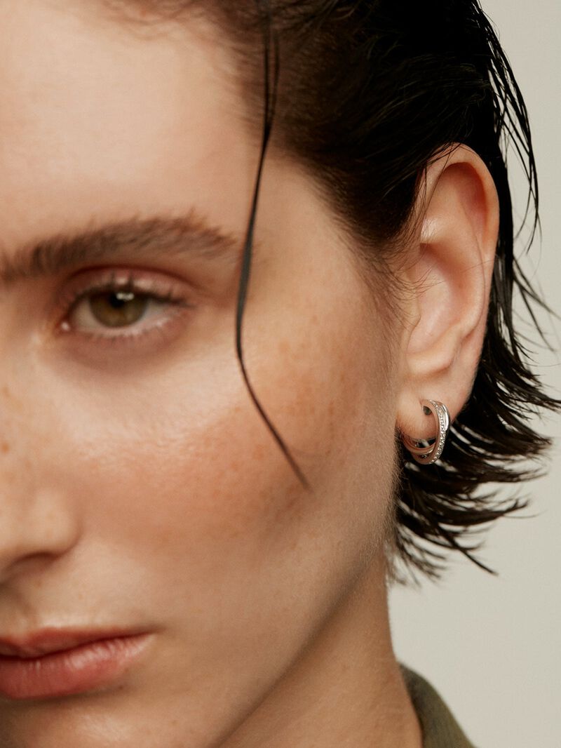 925 Silver double hoop earrings with white topaz. image number 1