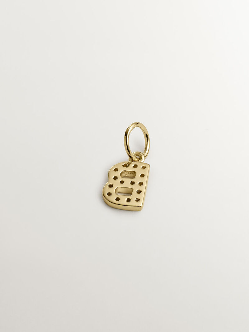 Initial B charm, made of 925 silver coated in 18K yellow gold and adorned with white topaz. image number 2