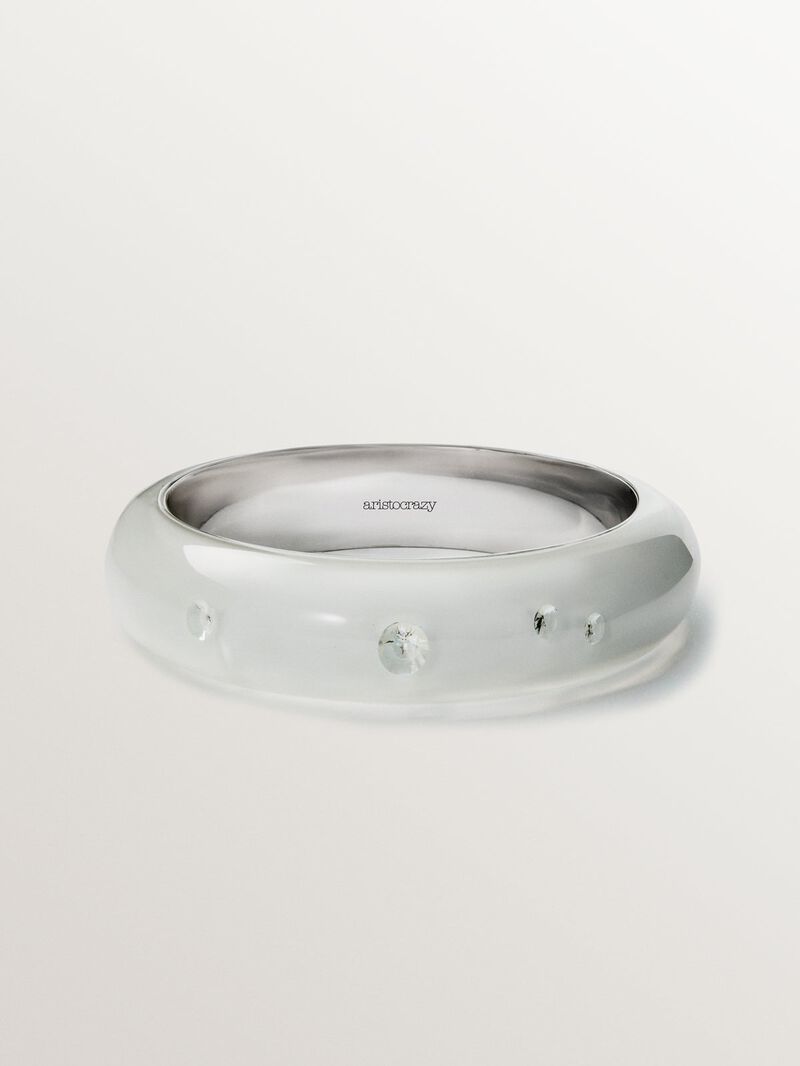 Rigid 925 silver bracelet with white enamel and zircons suspended in resin image number 0