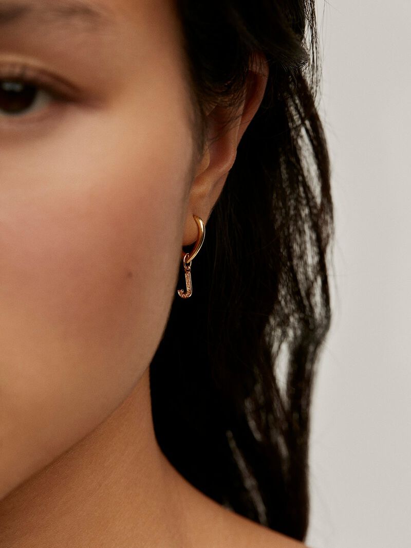 925 Sterling Silver Charm, 18K Yellow Gold Plated with White Topaz Initial J. image number 3