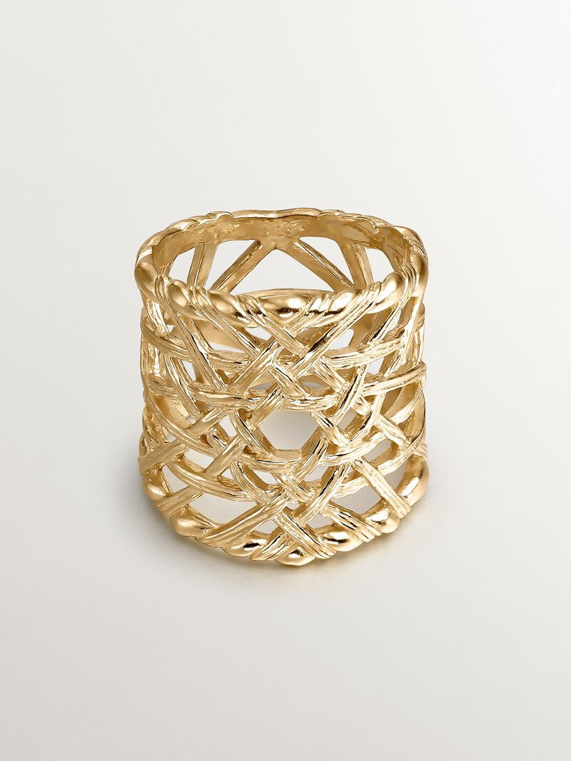 Wide 925 silver ring bathed in 18K yellow gold with wicker texture image number 2