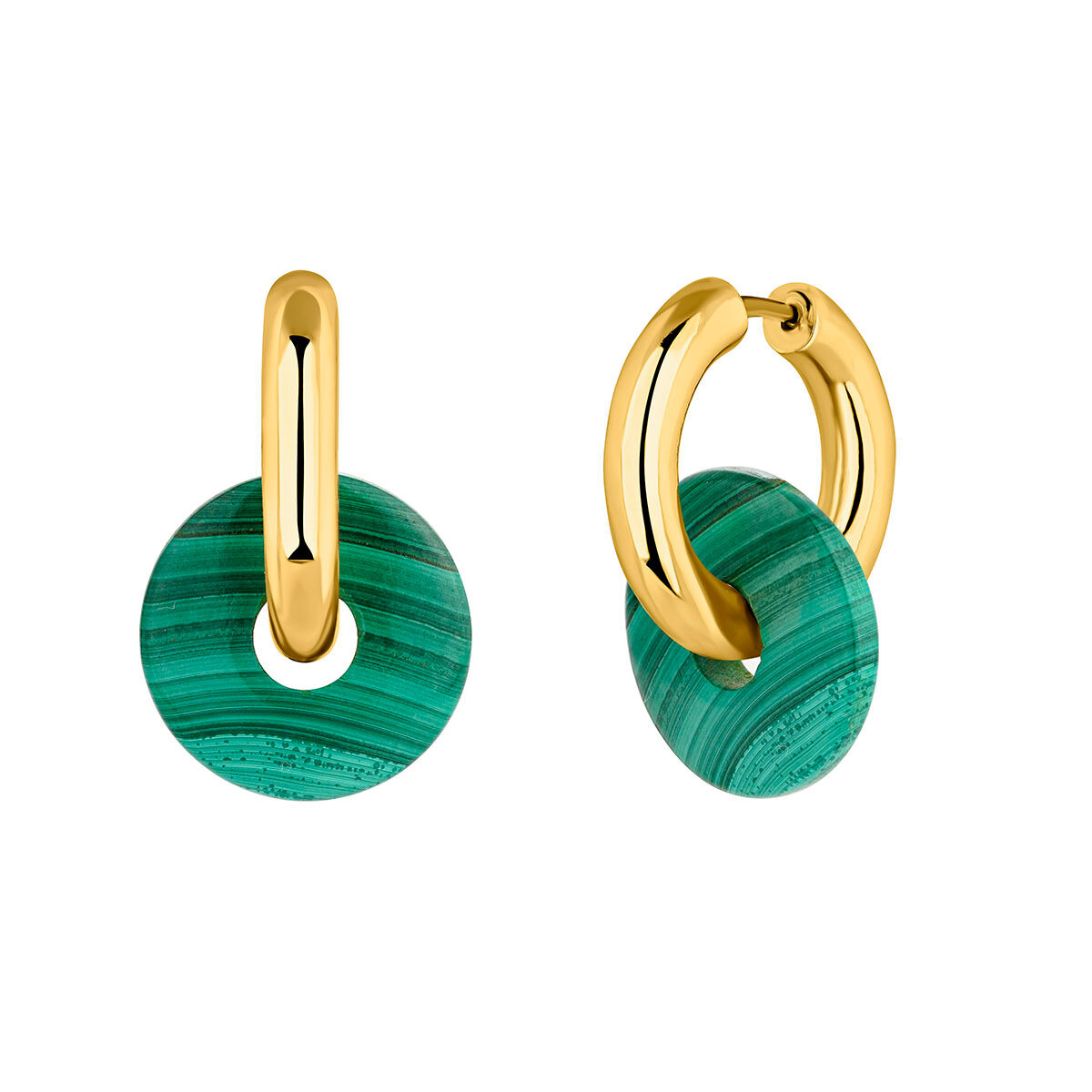 Medium hoop earrings in 18k yellow gold-plated silver with a green malachite stone, J04751-02-MA, hi-res