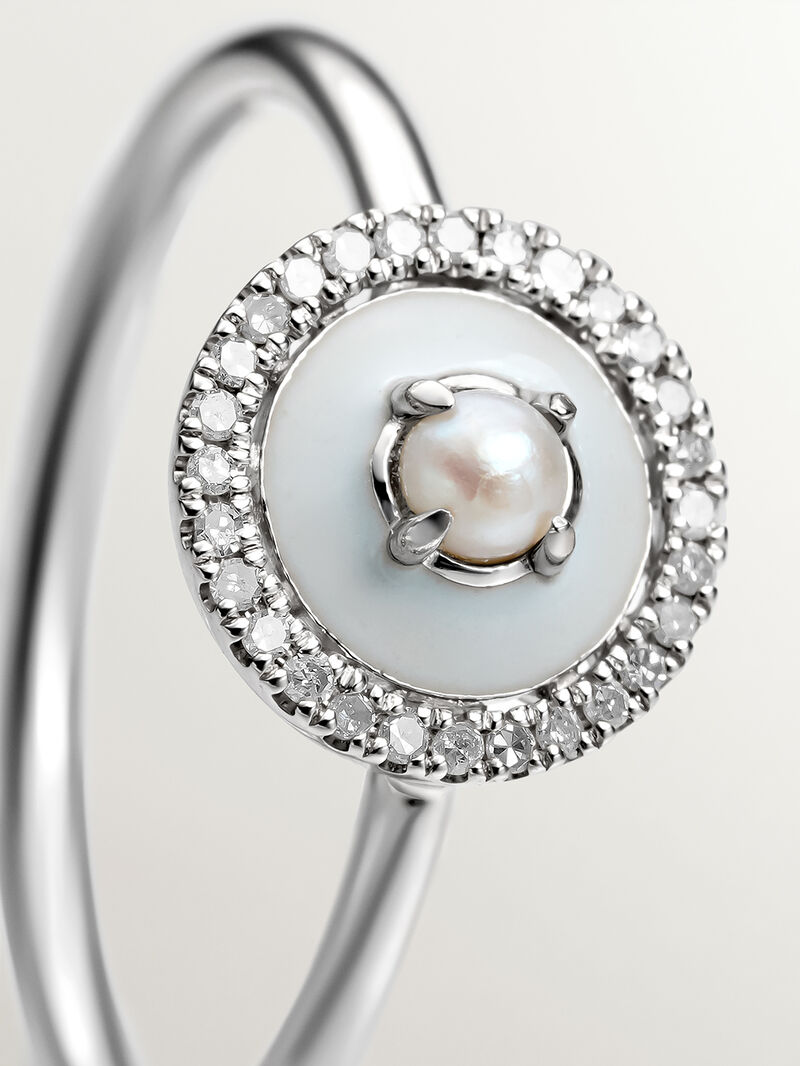 925 silver ring and 18K white gold with white pearl, white diamonds and gray enamel image number 4