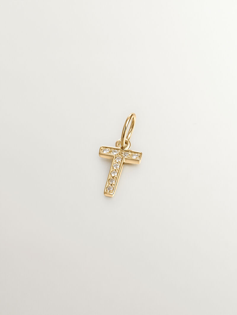 925 Silver Charm Plated in 18K Yellow Gold and White Topaz Initial T image number 0