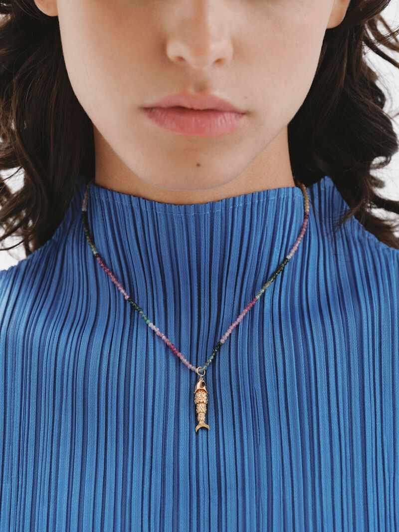 925 Silver charm bathed in 18K yellow gold with black enamel and fish shape. image number 3