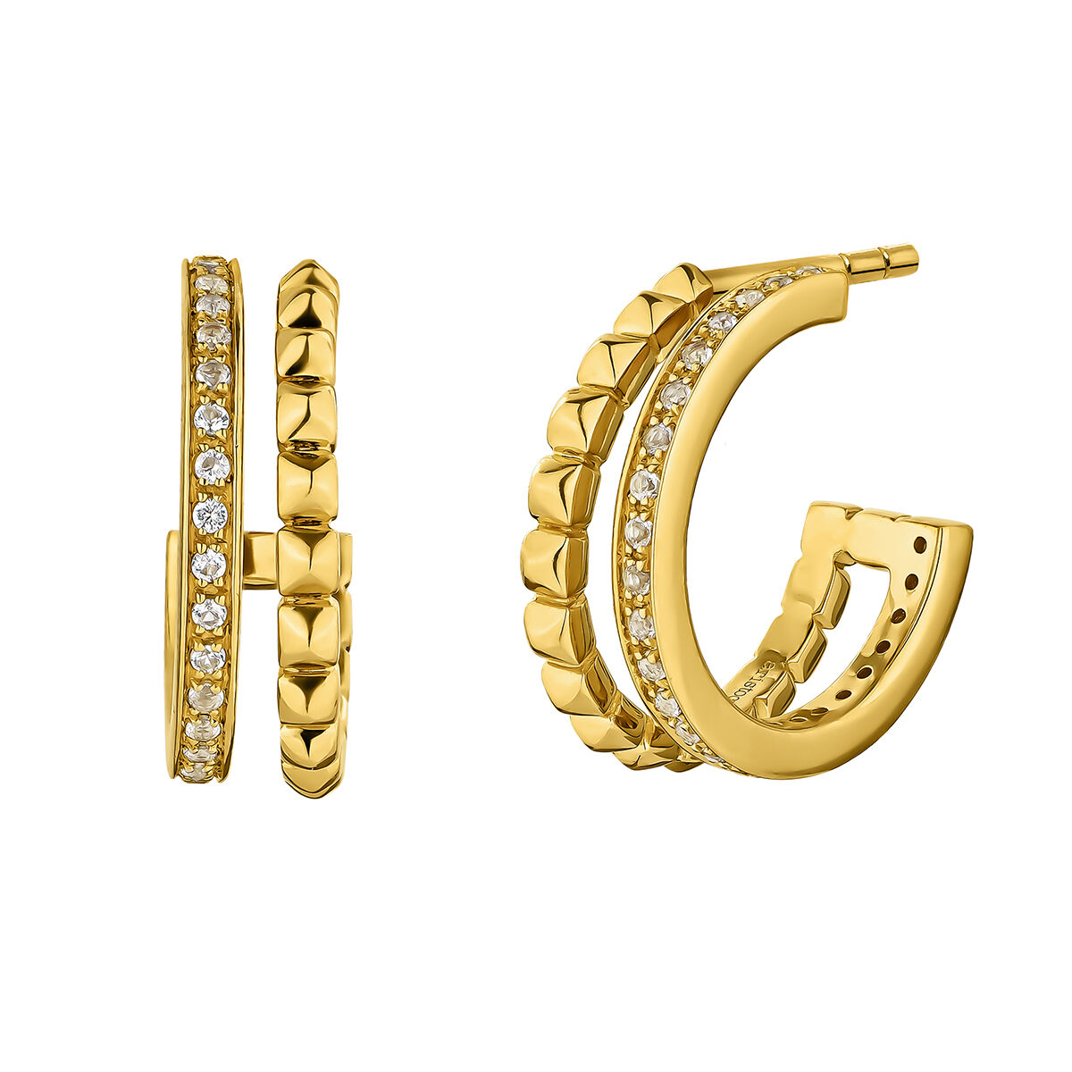 Medium double hoop earrings in 18k yellow gold-plated silver with raised detail and white topazes, J04911-02-WT, hi-res