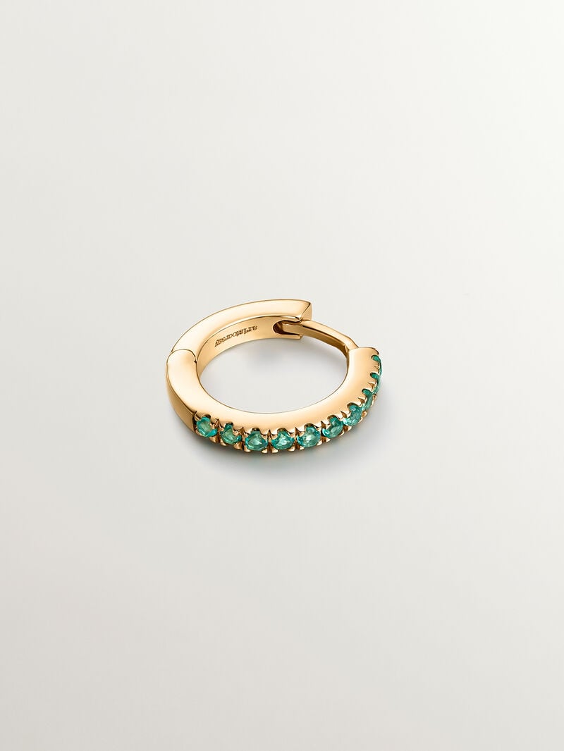 Small individual 9k yellow gold hoop earring with emeralds. image number 2