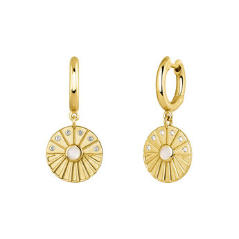 Gold plated circular pendant hoop earrings , J04129-02-WT-WMS,hi-res