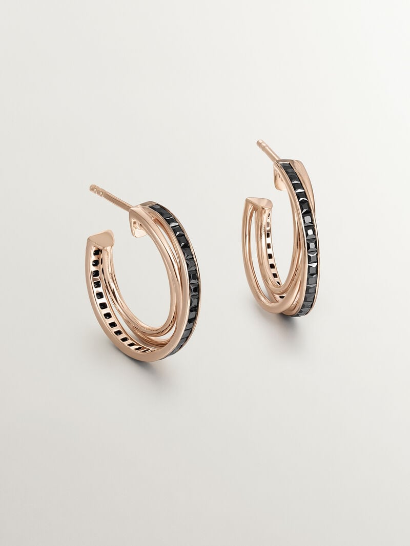 Triple hoop earrings in 925 silver plated in 18K rose gold with black spinels. image number 0