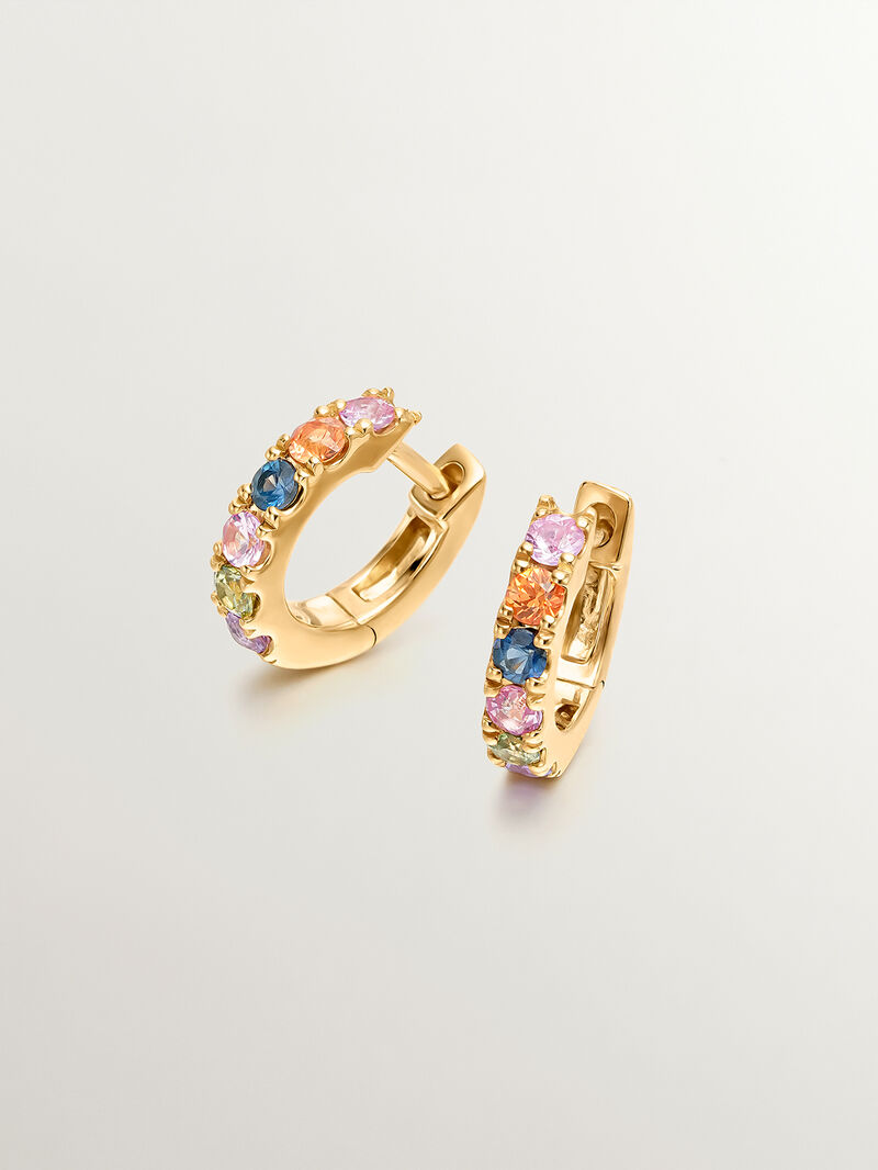 Small hoop earrings made of 925 silver coated in 18K yellow gold with multicolor sapphires. image number 0