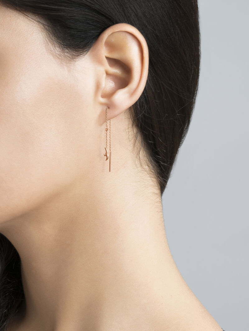 Long 925 silver chain earrings bathed in 18K rose gold with birds. image number 1